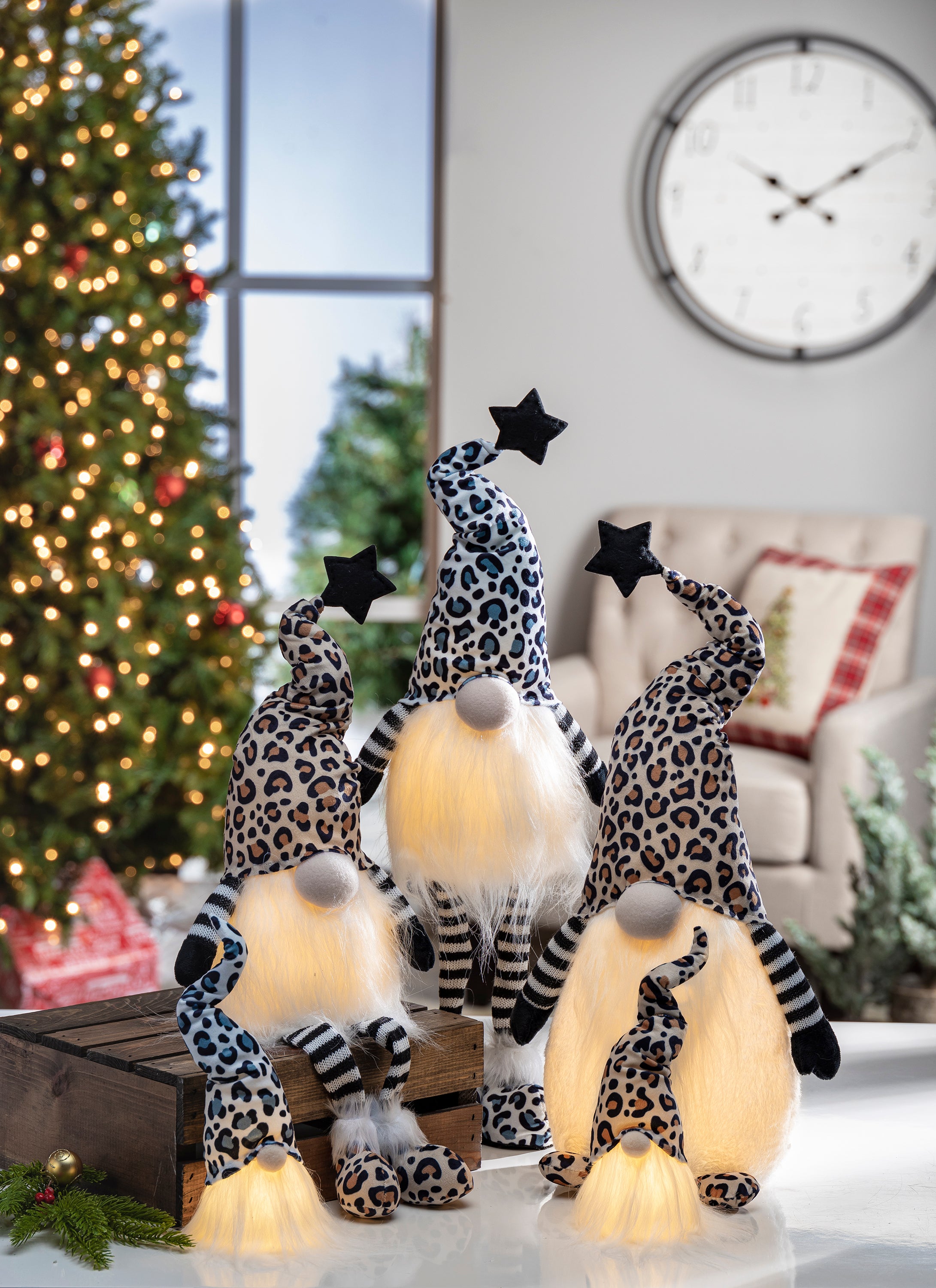 Set of 2 Lighted Leopard Print Gnome Figurines, Battery Operated